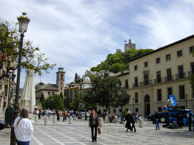 Plaza Nueva with the Alcazaba of La Alhambra above.